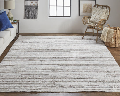 8 x 10 Ivory & Taupe Striped Hand Woven Stain Resistant Rug