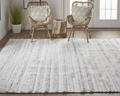 8 x 10 Ivory & Taupe Striped Hand Woven Stain Resistant Rug