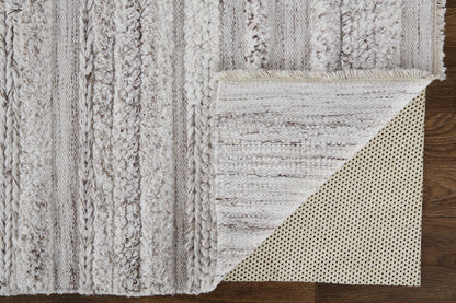 8 x 10 Ivory & Taupe Striped Hand Woven Stain Resistant Rug