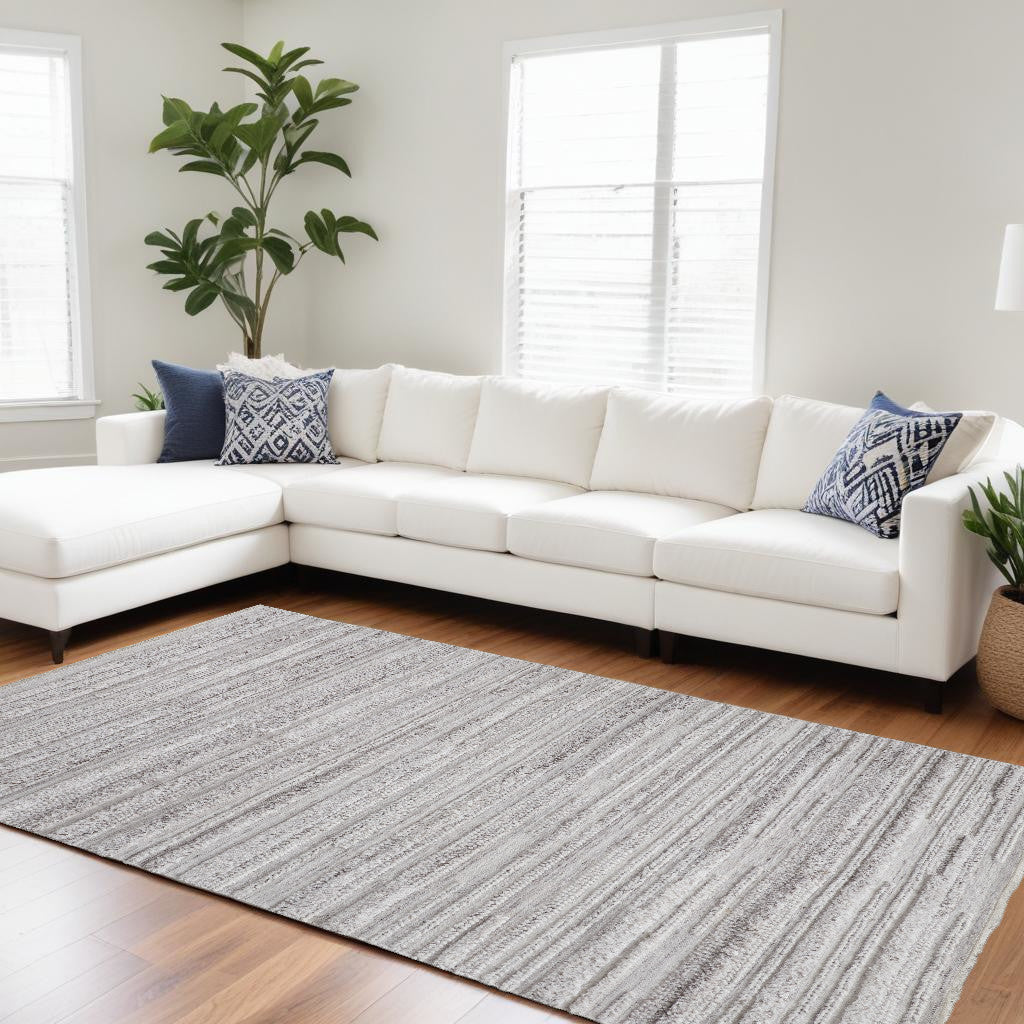 9 x 12 Ivory & Gray Striped Shag Hand Woven Rug