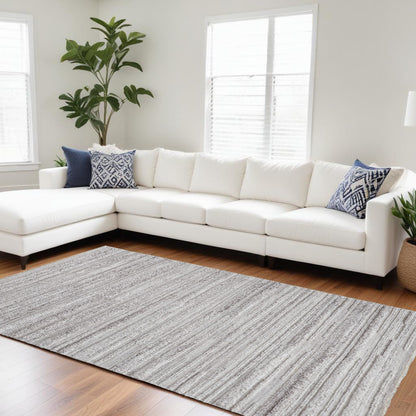 9 x 12 Ivory & Gray Striped Shag Hand Woven Rug