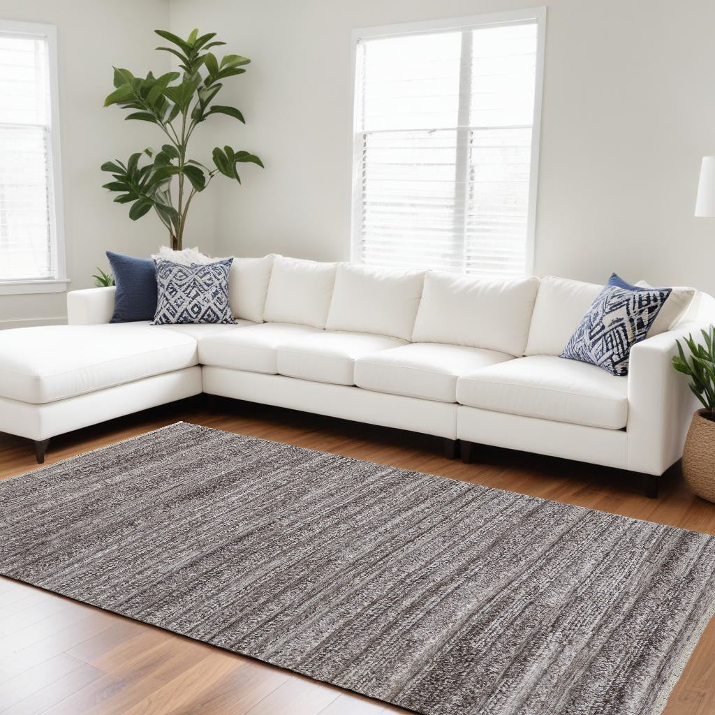 9 x 12 Gray & Ivory Striped Shag Hand Woven Rug