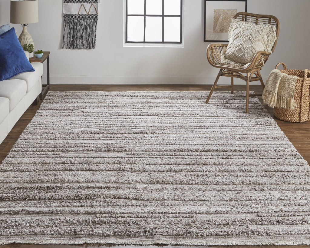 9 x 12 Gray & Ivory Striped Shag Hand Woven Rug