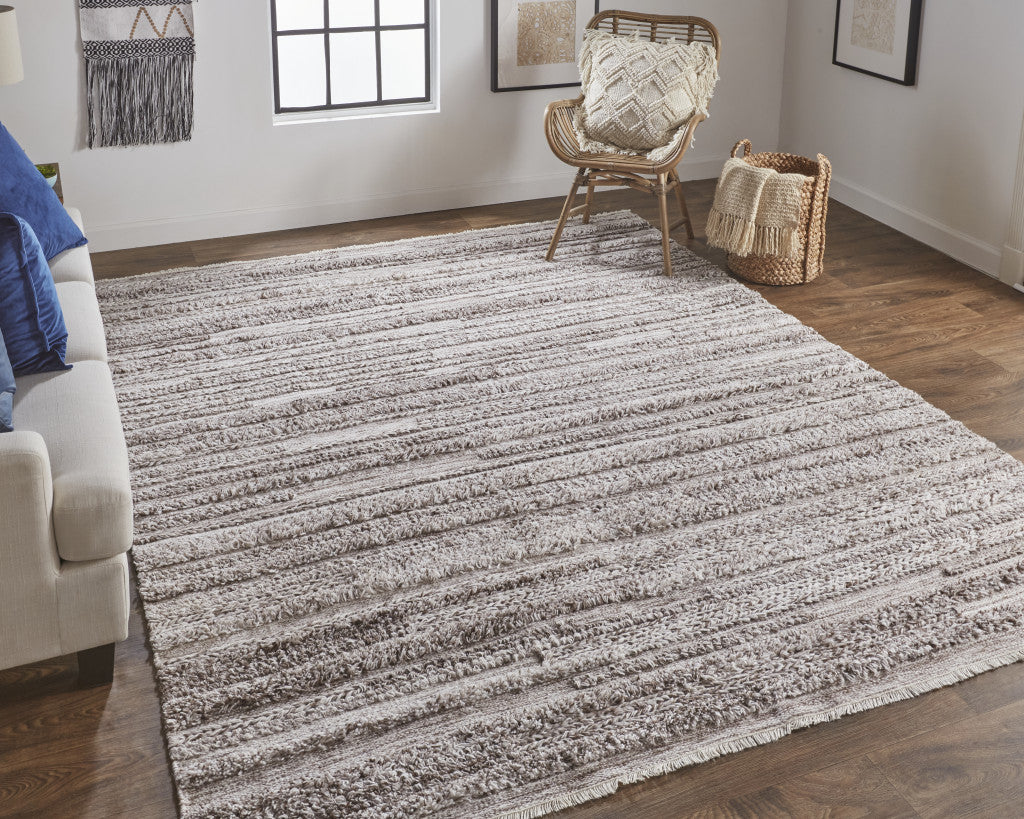 9 x 12 Gray & Ivory Striped Shag Hand Woven Rug