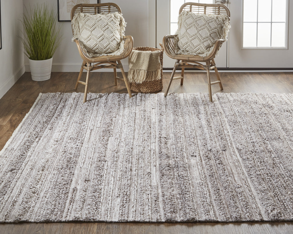 9 x 12 Gray & Ivory Striped Shag Hand Woven Rug