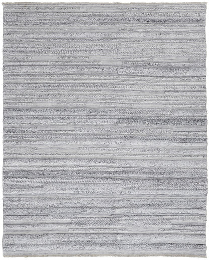 9 x 12 Gray Silver & Ivory Striped Hand Woven Stain Resistant Rug