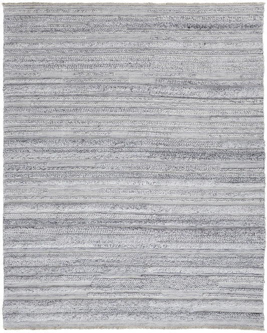 9 x 12 Gray Silver & Ivory Striped Hand Woven Stain Resistant Rug