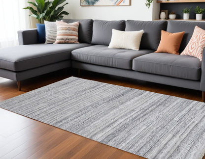 9 x 12 Gray Silver & Ivory Striped Hand Woven Stain Resistant Rug