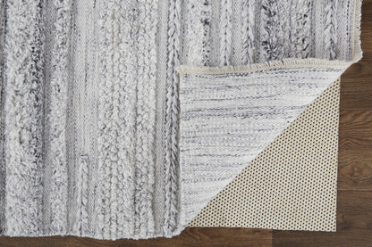 9 x 12 Gray Silver & Ivory Striped Hand Woven Stain Resistant Rug