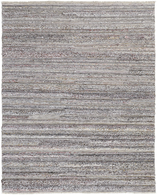 9 x 12 Taupe Ivory & Red Striped Hand Woven Stain Resistant Rug