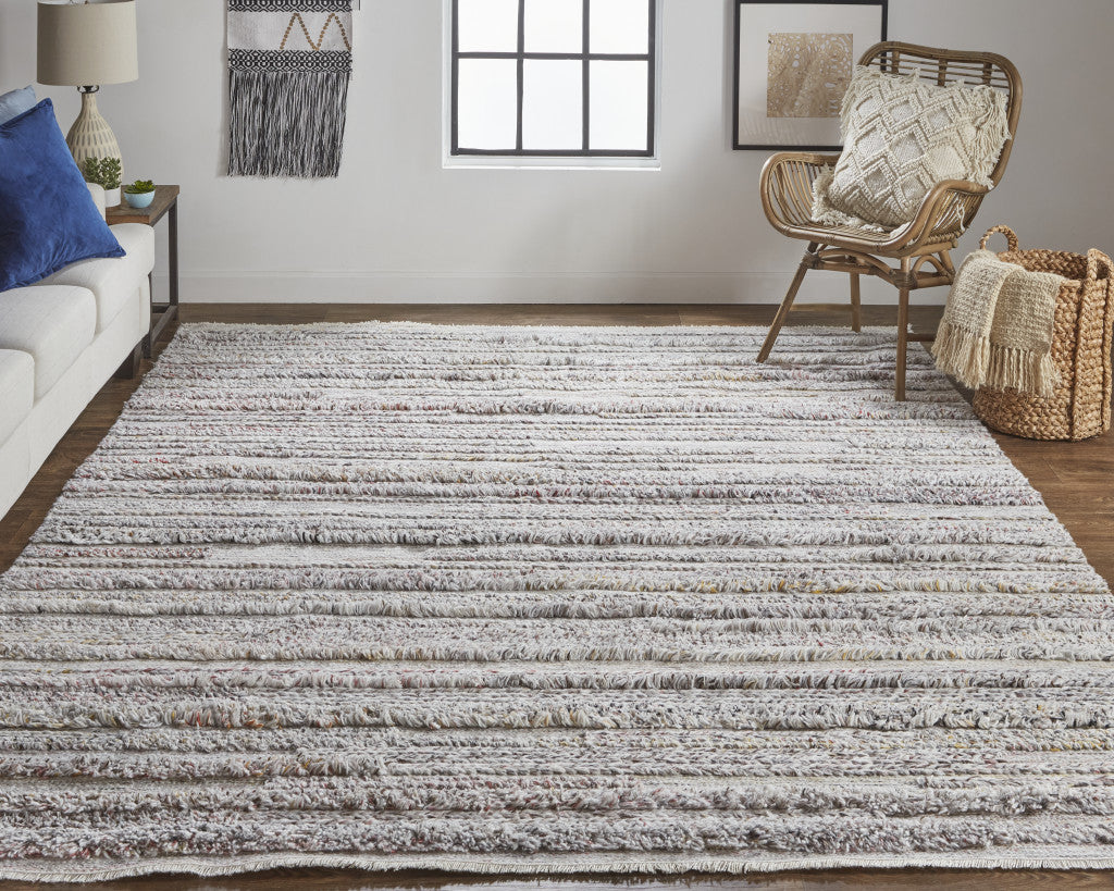 9 x 12 Taupe Ivory & Red Striped Hand Woven Stain Resistant Rug