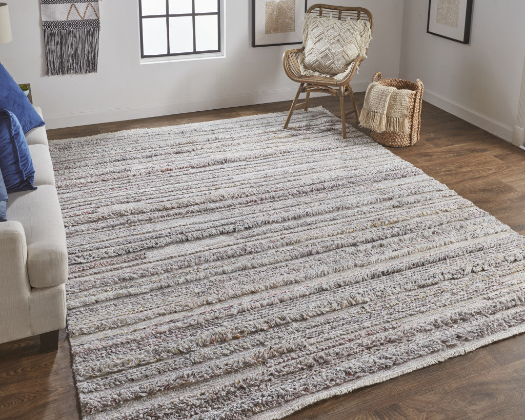 9 x 12 Taupe Ivory & Red Striped Hand Woven Stain Resistant Rug