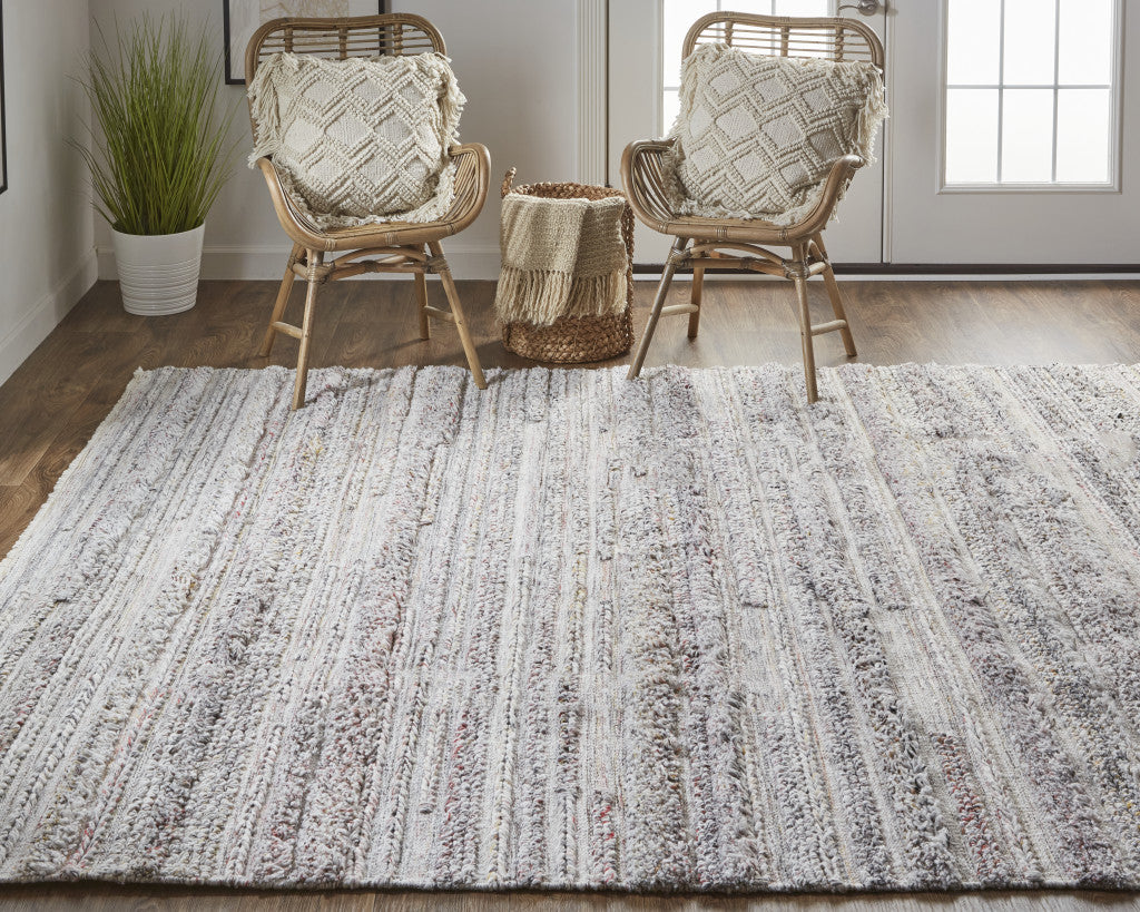 9 x 12 Taupe Ivory & Red Striped Hand Woven Stain Resistant Rug