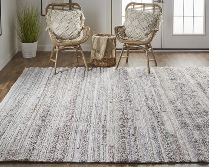 9 x 12 Taupe Ivory & Red Striped Hand Woven Stain Resistant Rug