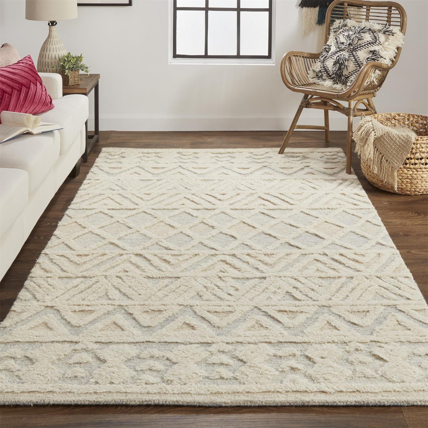 12 x 15 Ivory Blue & Tan Wool Geometric Tufted Handmade Rug