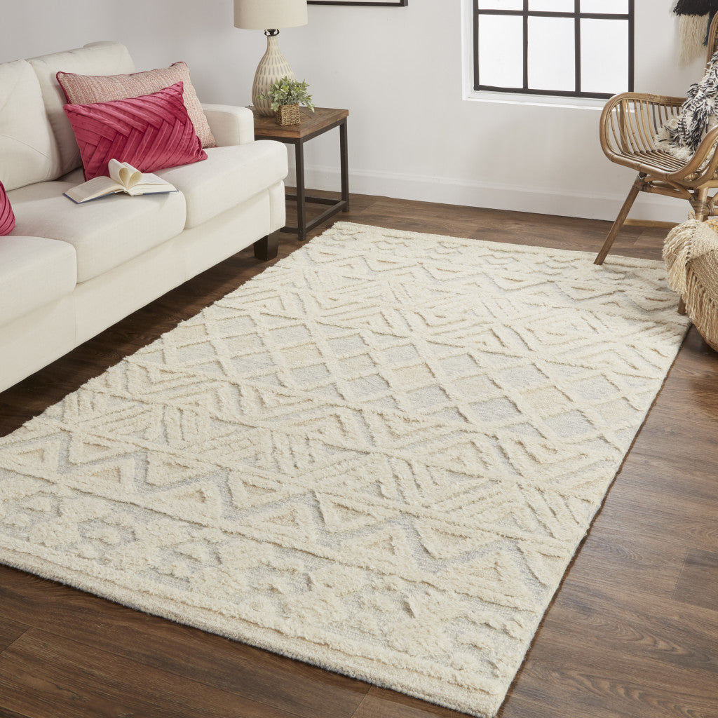 12 x 15 Ivory Blue & Tan Wool Geometric Tufted Handmade Rug
