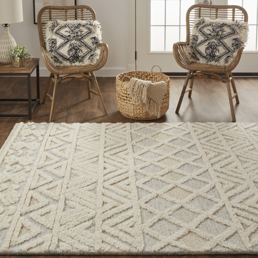 12 x 15 Ivory Blue & Tan Wool Geometric Tufted Handmade Rug