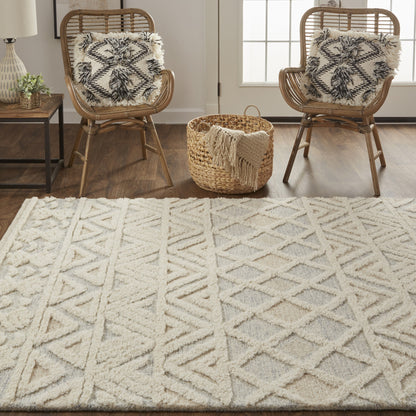 12 x 15 Ivory Blue & Tan Wool Geometric Tufted Handmade Rug