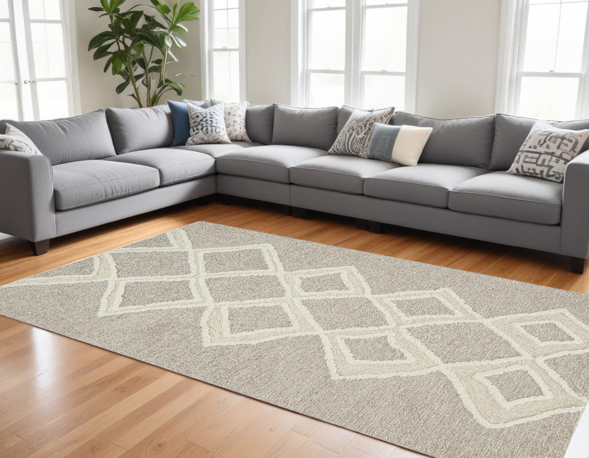 8 x 10 Gray & Ivory Wool Geometric Tufted Handmade Stain Resistant Rug