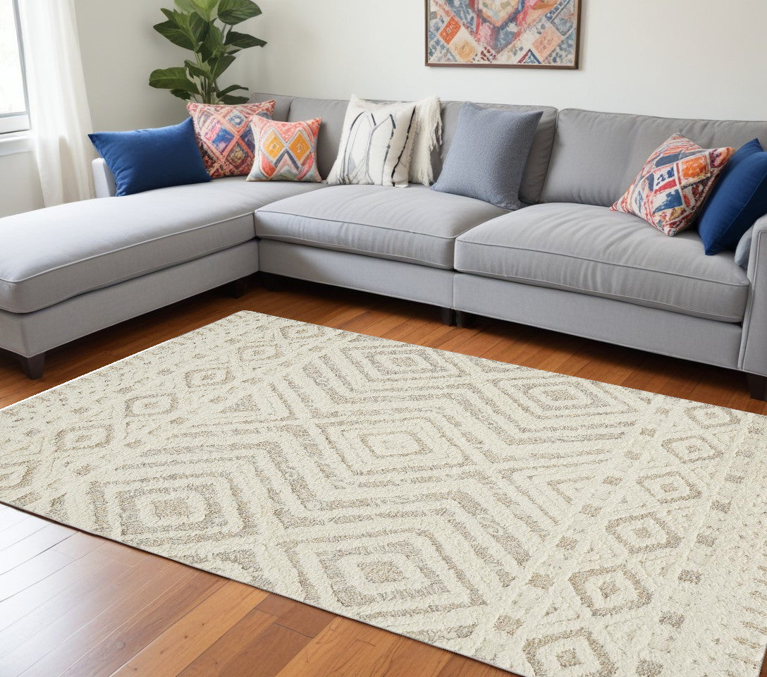 8 x 10 Ivory & Tan Wool Geometric Tufted Handmade Stain Resistant Rug