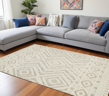 8 x 10 Ivory & Tan Wool Geometric Tufted Handmade Stain Resistant Rug