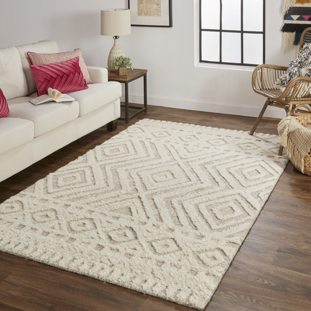 12 x 15 Ivory & Tan Wool Geometric Tufted Handmade Rug