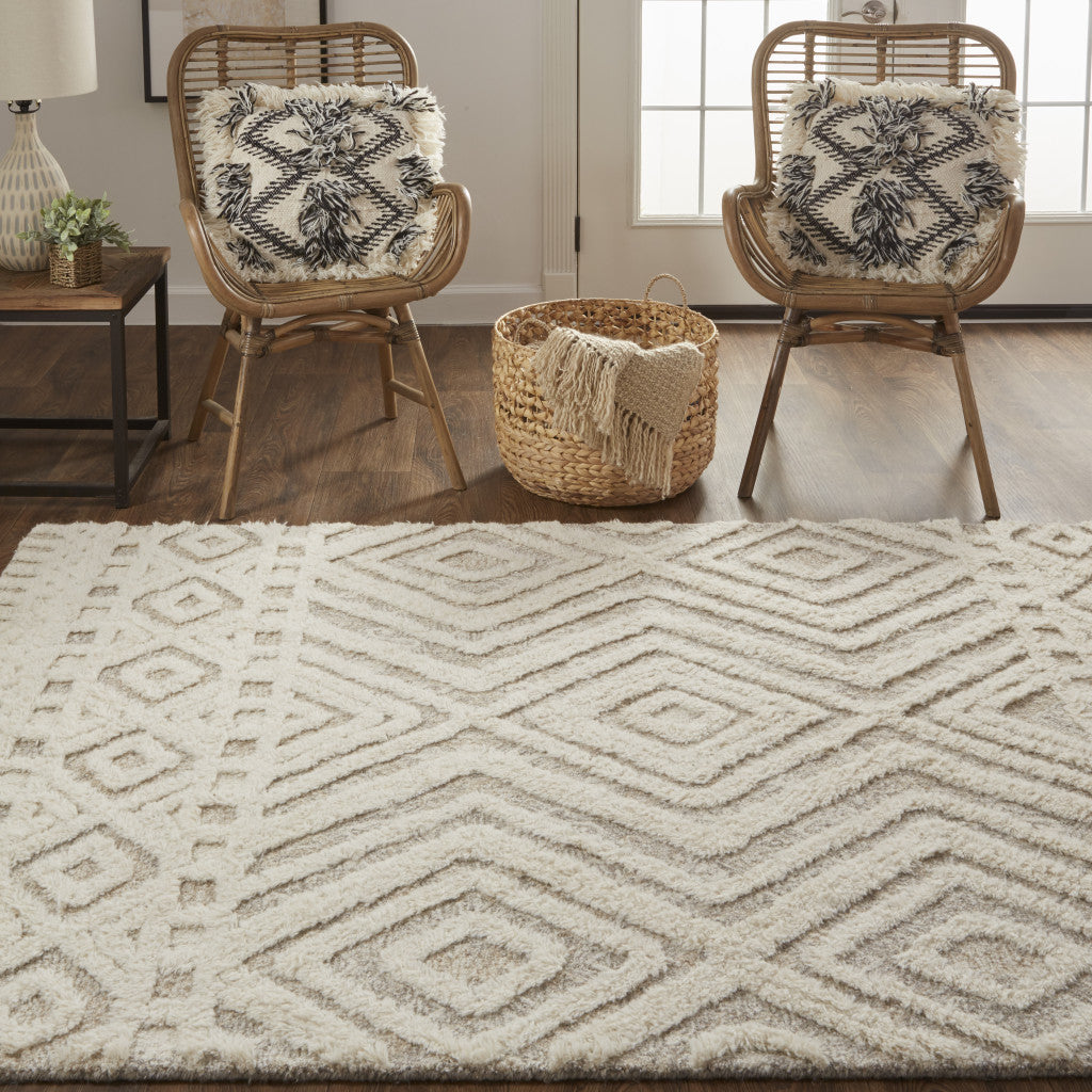 12 x 15 Ivory & Tan Wool Geometric Tufted Handmade Rug