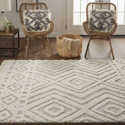 12 x 15 Ivory & Tan Wool Geometric Tufted Handmade Rug
