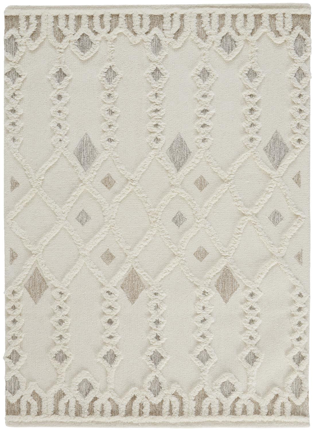 12 x 15 Ivory Tan & Silver Wool Geometric Tufted Handmade Rug
