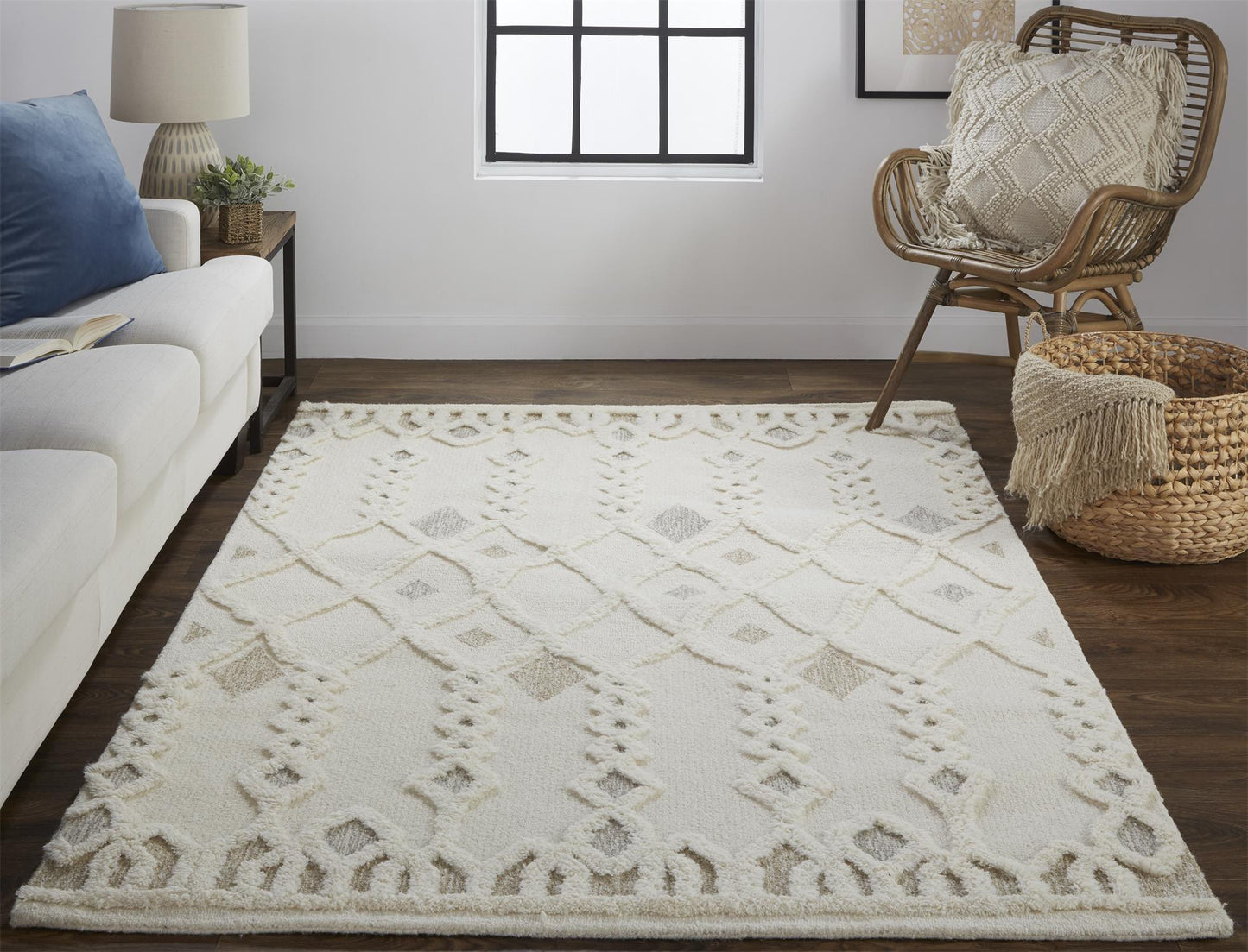 12 x 15 Ivory Tan & Silver Wool Geometric Tufted Handmade Rug
