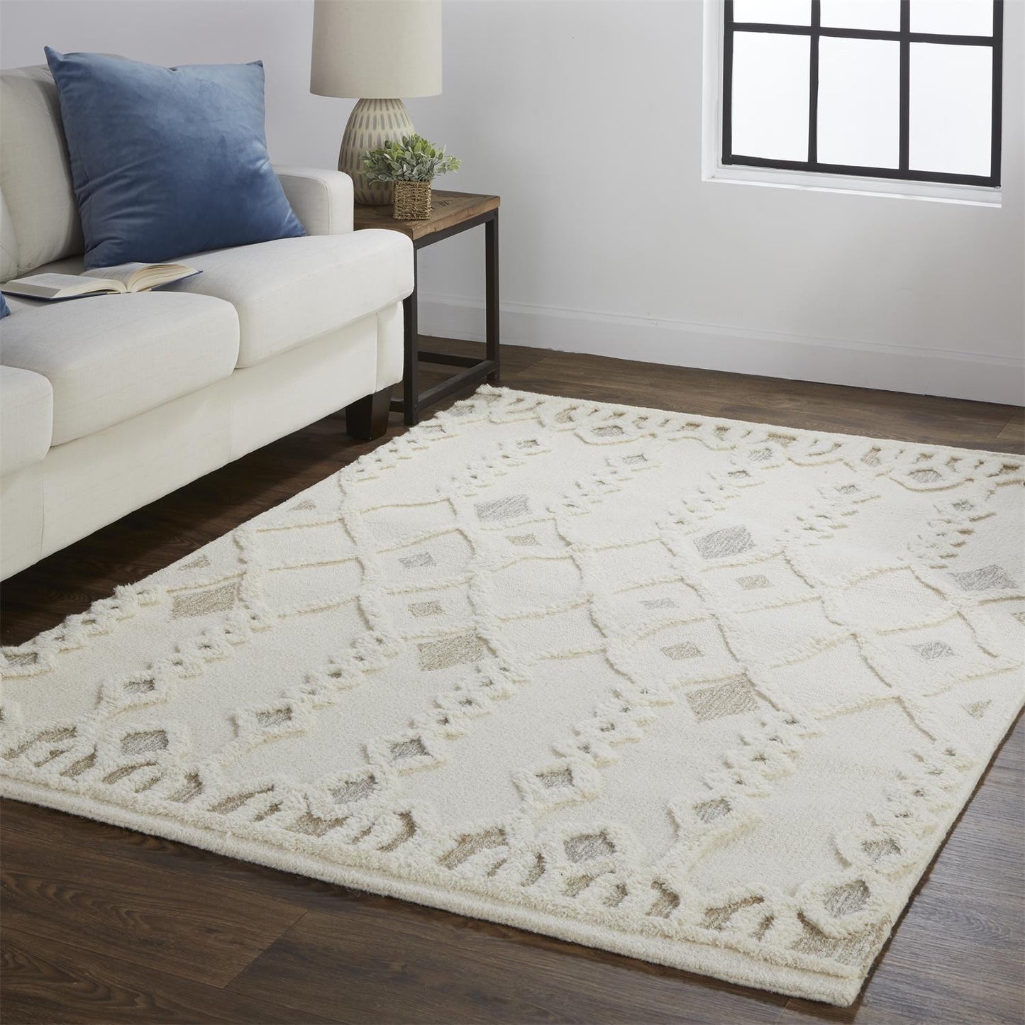 12 x 15 Ivory Tan & Silver Wool Geometric Tufted Handmade Rug