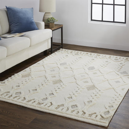 12 x 15 Ivory Tan & Silver Wool Geometric Tufted Handmade Rug