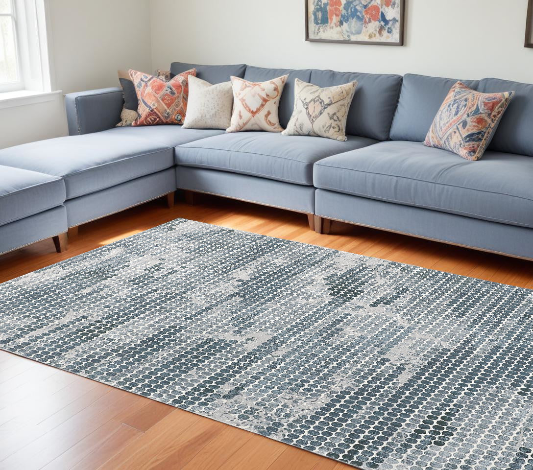 8 x 10 Blue & Gray Polka Dots Distressed Stain Resistant Rug