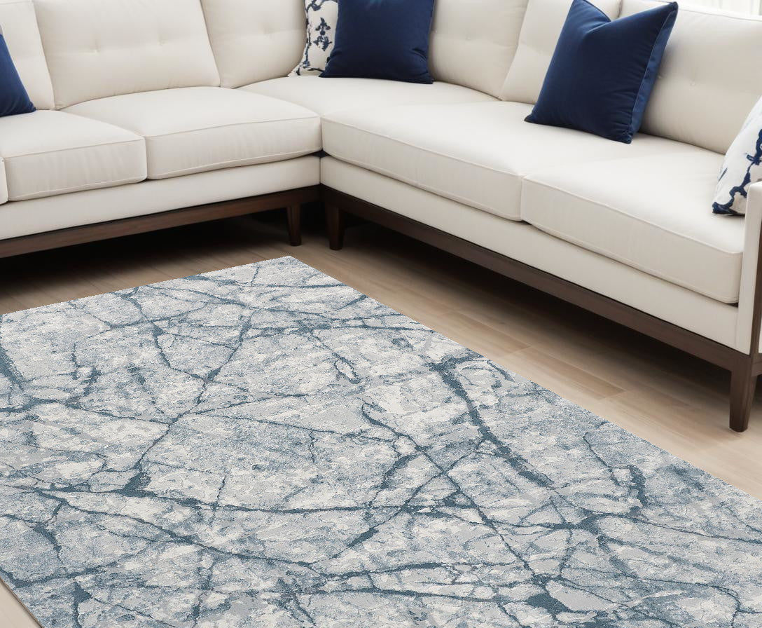 8 x 10 Blue Gray & Ivory Distressed Stain Resistant Rug
