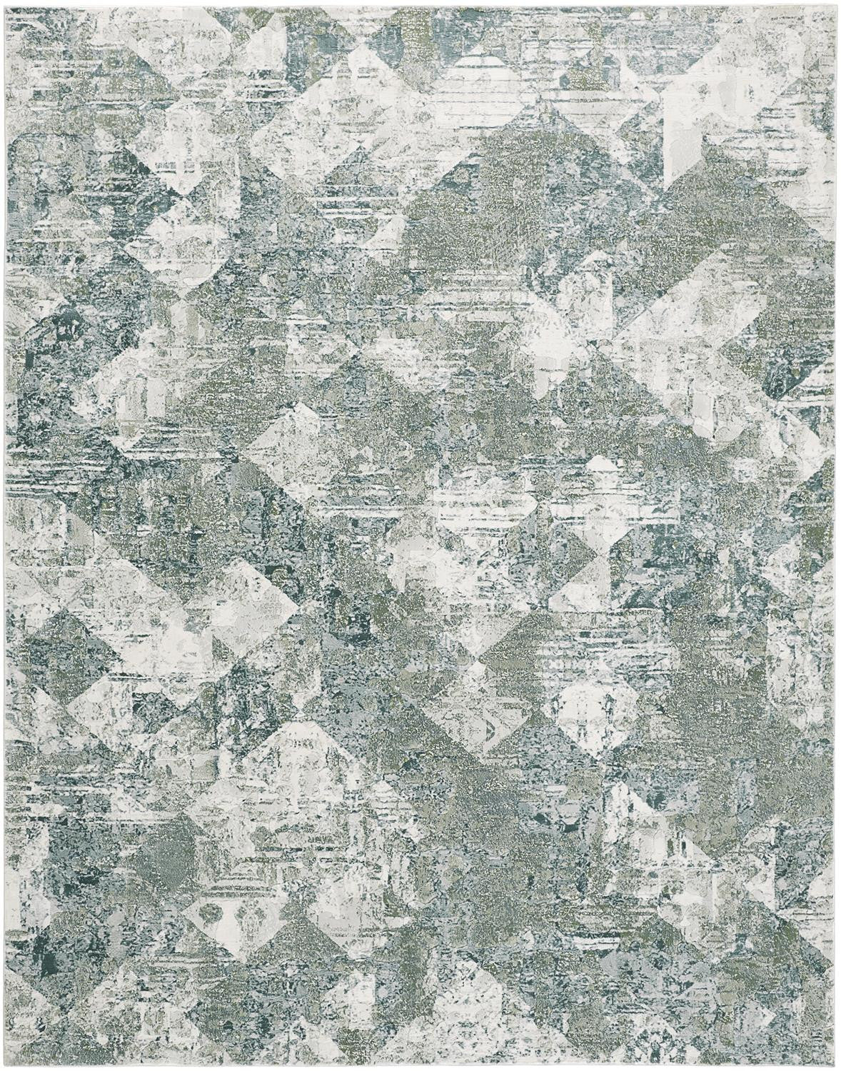 8 x 10 Green & Ivory Patchwork Distressed Stain Resistant Rug