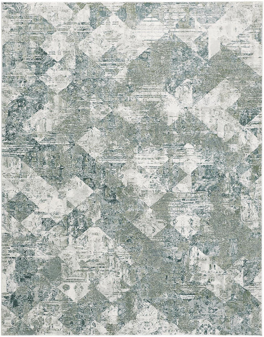 8 x 10 Green & Ivory Patchwork Distressed Stain Resistant Rug