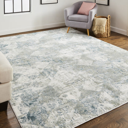 8 x 10 Green & Ivory Patchwork Distressed Stain Resistant Rug