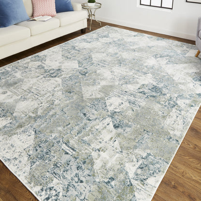8 x 10 Green & Ivory Patchwork Distressed Stain Resistant Rug