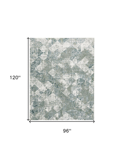 8 x 10 Green & Ivory Patchwork Distressed Stain Resistant Rug