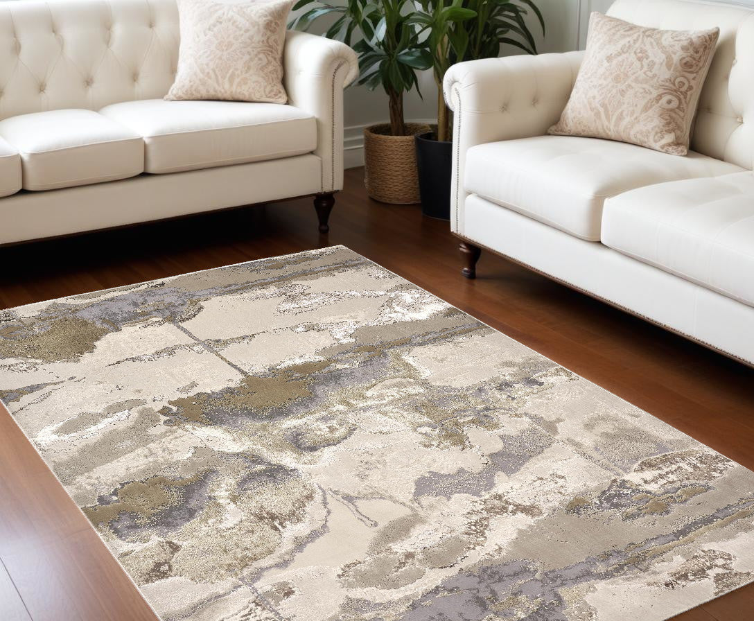 10 x 13 Gray Ivory & Gold Stain Resistant Rug