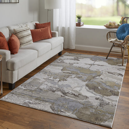 10 x 13 Gray Ivory & Gold Stain Resistant Rug