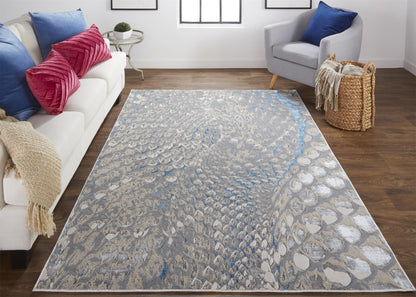 10 x 13 Blue Silver & Gray Geometric Stain Resistant Rug