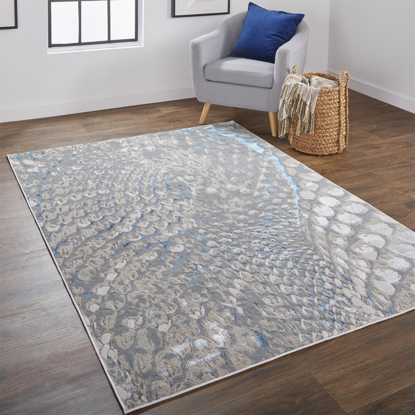 10 x 13 Blue Silver & Gray Geometric Stain Resistant Rug
