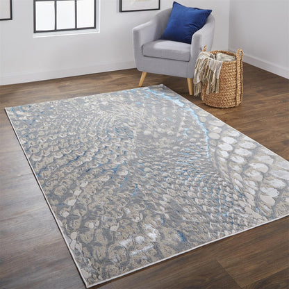10 x 13 Blue Silver & Gray Geometric Stain Resistant Rug