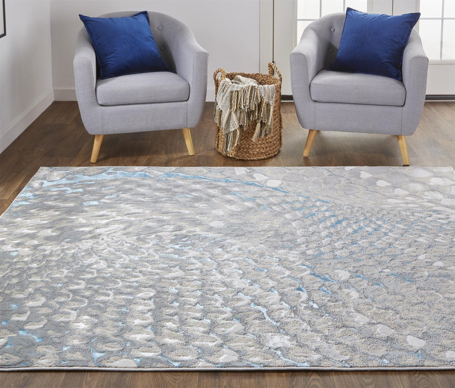 10 x 13 Blue Silver & Gray Geometric Stain Resistant Rug