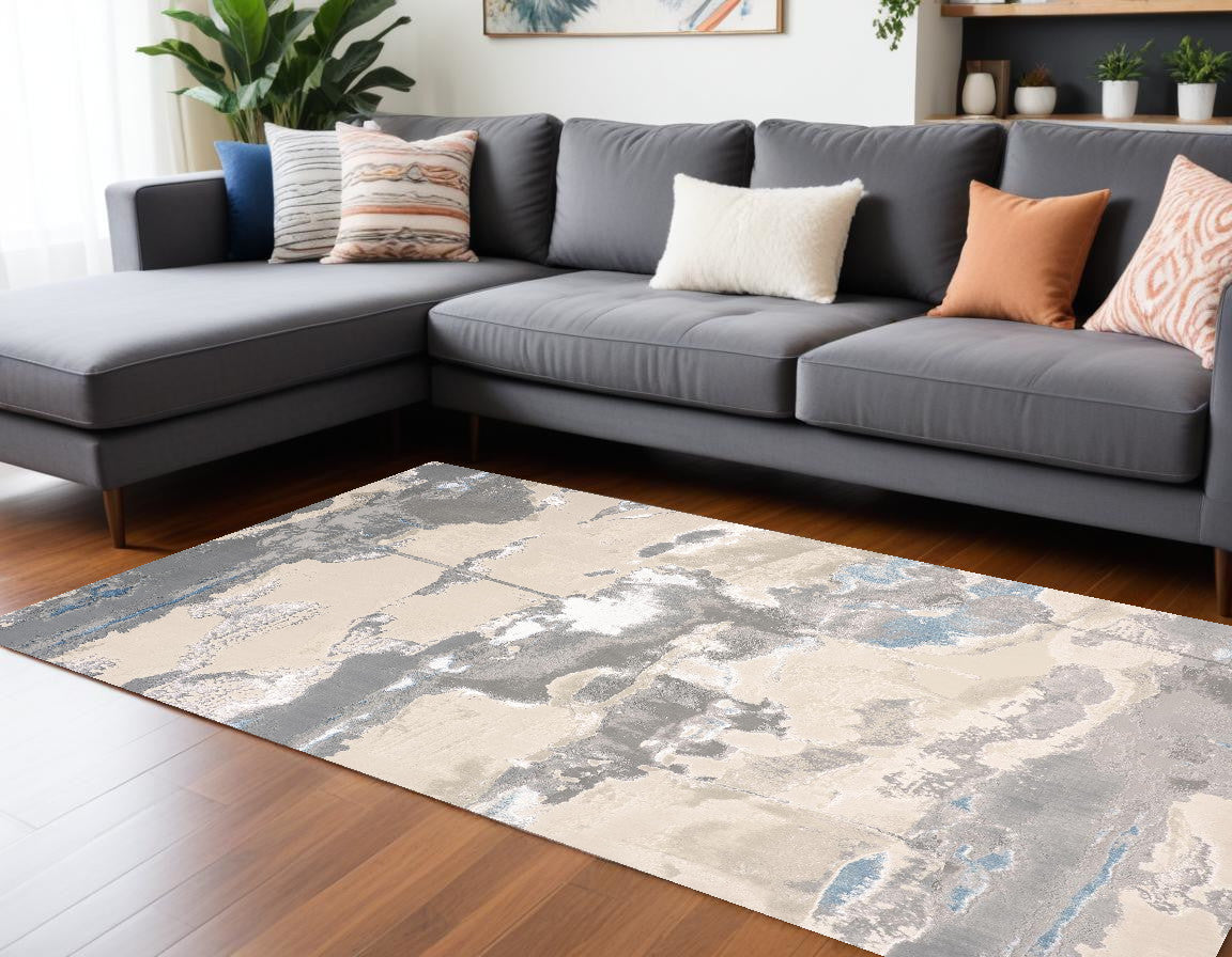 10 x 13 Ivory Gray & Blue Stain Resistant Rug