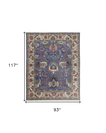 8 x 10 Blue & Red Wool Floral Hand Knotted Stain Resistant Rug