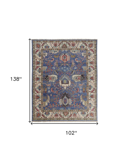 9 x 12 Blue & Red Wool Floral Hand Knotted Stain Resistant Rug