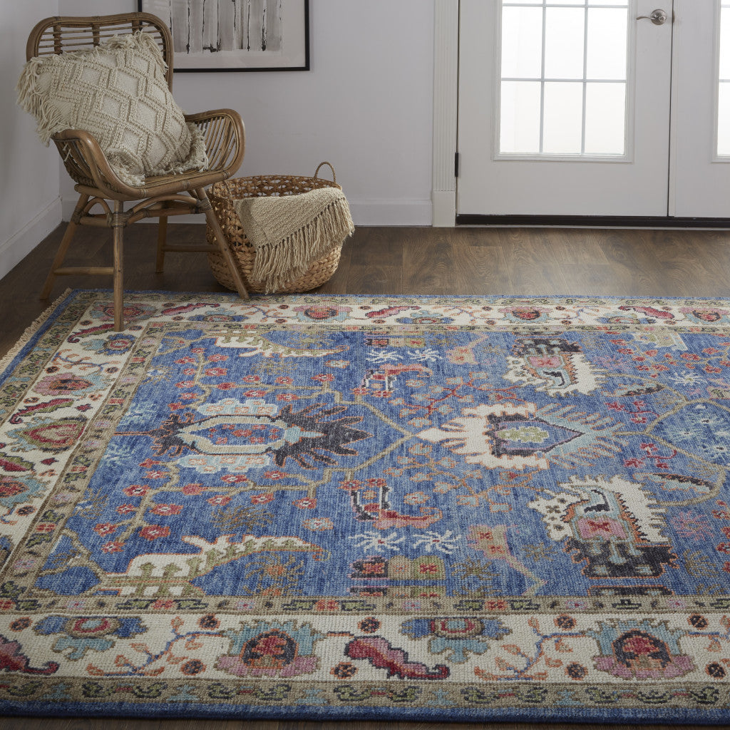 9 x 12 Blue & Red Wool Floral Hand Knotted Stain Resistant Rug