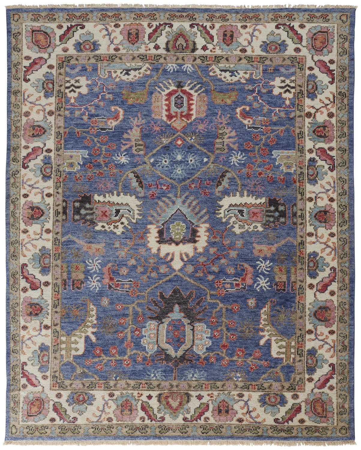 10 x 13 Blue & Red Wool Floral Hand Knotted Stain Resistant Rug